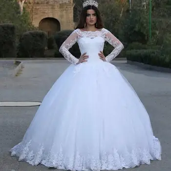 Dubai Bijele Svadbene haljine dugih rukava vjenčanica Aplikacije Čipke i Tila Plus Size Službena odjeća Garden Vestidos De Novia