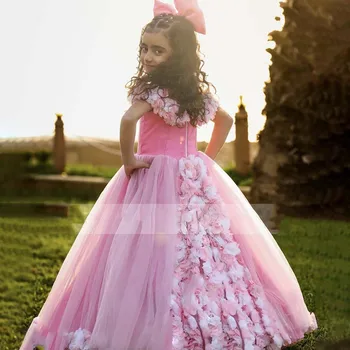 Haljina princeze s cvjetnim uzorkom za djevojčice na vjenčanje, 3D aplikacija, bujnom tila, roze podvezice, loptu haljina, smještaj za haljinu za dječji rođendan