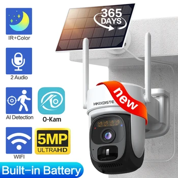 5 Mp, Wi-Fi PTZ Kamera za Otkrivanje Čovjeka Na Solarne Baterije, Vanjska Dvosmjerni Audio, Boji Noćni Vid, Ugrađene Punjive Sigurnosne Kamere O Kam App