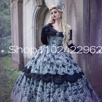 Bijeli crne gotički victorian večernje haljine s otvorenim ramenima, korzet za косплея princeza, haljina za maturalnu večer na Noć vještica