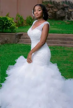 Svadba haljina Sirena velike veličine, расшитое perle, V-oblika otvor petlja u katedrali, višeslojne vjenčanice u Country stilu za afričke nevjeste