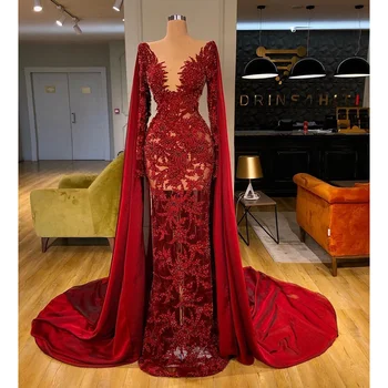 Luksuzno haljinu za maturalnu večer uz aplikacija i biserima, Crveno moderan haljinu s V-izrez i dugim rukavima, 