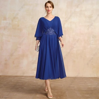 Королевско-plave haljine za majke nevjesta bez naramenica s čipkom, шифоновое vjenčanicu s rukava tri četvrtine, Vestido De Noche munje