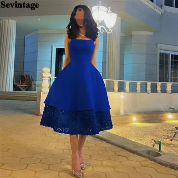 Sevintage Skromnu haljinu za prom od satena Kraljevske plave boje Arabia bez naramenica, sa šupljim čipkastim naborima i рюшами, večernje haljine dužine do ankles.