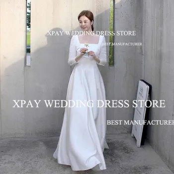 XPAY Jednostavne Korejski vjenčanice s trga izreza i 3/4 rukavima, satin vjenčanica trapeznog oblika dužine do poda, djeveruša haljina na zakopčane za fotografiju pucati