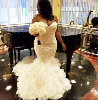 Elegantan svadbeni haljine s čipkom vezom, Afrički čisto-bijelu haljinu Sirena, Брендовое vjenčanicu veličine