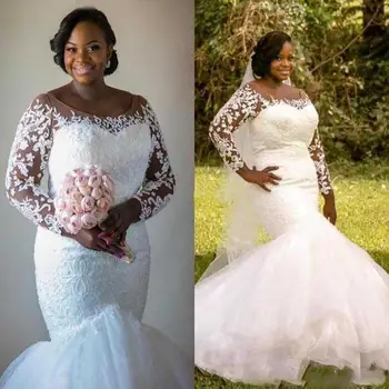 Plus Size Afričkih Vjenčanica Vestios De Marriage Nove Vruće Prodaju Oblog Tila Prozirne Vjenčanje haljina Sirena Dugi rukav