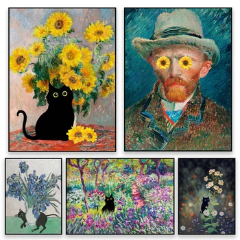 Smiješno Van Gogh Cvjetni Mačji Print Claude Monet Suncokreti Mačji Plakat Crna Mačka Niskonaponsku Platnu Home Dekor Sobe