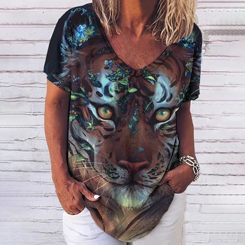 Moderna majica za žene s 3D тигровым po cijeloj površini, V-izrez, kratkih rukava, osnovni top, vanjska odjeća, Ljetna Svakodnevni ženska odjeća sa životinjama velike veličine