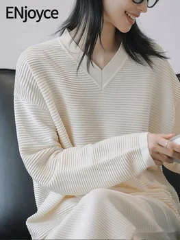 ENjoyce 2023 Jesen Svakodnevne Ženske Majice S jednostavnim Tekstura, Ulica Ženske Korejski Modni Elastične Pulover Dugih Rukava, Majica