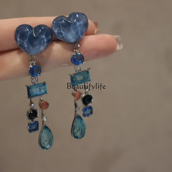 Plavi kristal klasicni egzotične naušnice-kićankama spona za uši za žene