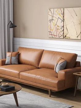 Skandinavski kožni kauč od punog drveta, mali stan, dnevni boravak u stilu skandinavskih retro, jednostavan luksuzni kožni minimalistički kauč