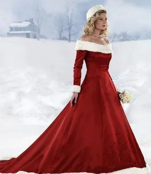 Zimske krzna vjenčanice, topla perjanica dugih rukava i otvorenih ramena, tamno crvene vjenčanice Vestidos De Noiva 2021