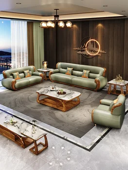 Kožni kauč za dnevni boravak nove kineske vile prvi sloj bičevati ravno niz od masivnog drva