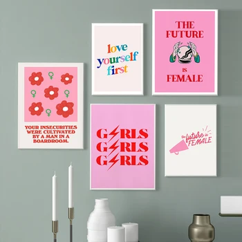 Inspirativna djevojku slika o ljubavi, zidni umjetničkih plakata i grafika, retro-feministička slika na platnu, Estetski Pink dekor za dnevni boravak