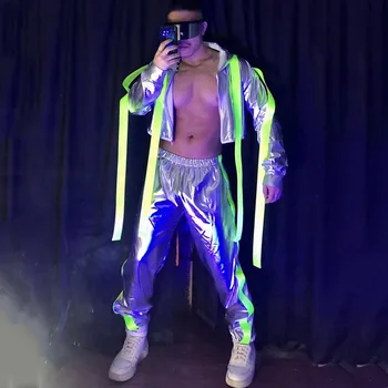 Fluorescentno srebrna povez, jakna s kapuljačom, hlače, komplet od 2 predmeta, muška ekipa plesača, pjevača, hip-hop, rock-scena, ulični plesni kostim