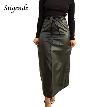 Stigende, ženska однобортная duga suknja od umjetne kože, облегающая crna suknja Maxi od umjetne kože na zakopčane