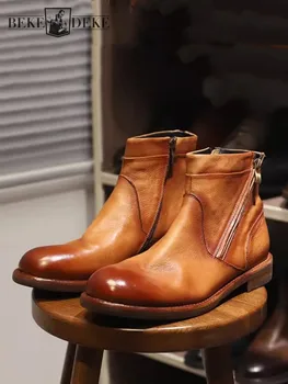 Berba muške cipele Chelsea od prave bičevati u britanskom stilu sa patent-zatvarač i okruglim vrhom, svakodnevne poslovne cipele s visokim берцем, muške kratke čizme