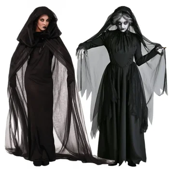 Halloween Kvalitetan kostim vještice-nevjesta-duh za odrasle, cosplay Vampir, mekan odijelo Demon horor, odijelo Crne haljine plina