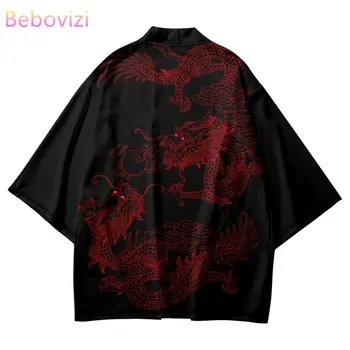 Košulja u kineskom stilu, sa po cijeloj površini Crvenog zmaja, Japanski tradicionalni kimono Хаори, ženske, Muške Plaža Юката, vanjska odjeća, kardigan, Samuraj vrhovima