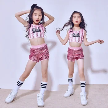 Dječji plesni odjeća za djevojke u stilu hip-hop, jazz, skraćeno top sa šljokicama, Kratke hlacice, Komplet od 2 predmeta, dječji plesni kostim