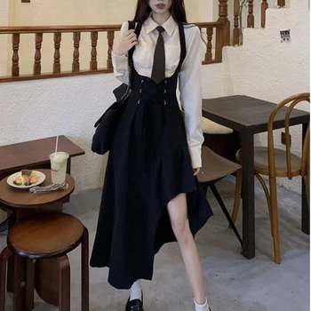 Proljetna ženska odjeća 2023, košulja u elegantnom stilu sa kravatom, crnim nepravilan rad haljina, kompleta od dva predmeta, modni tijelo za korejski dama, Outifts