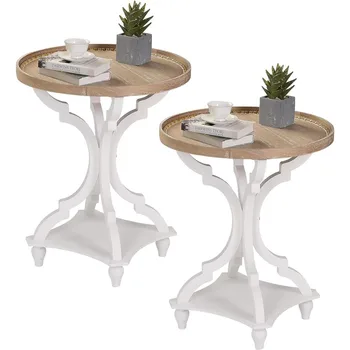Okrugli stol u rustikalnom stilu, mali stolić u rustikalnom stilu, noćni ormarići, stolovi za dnevni boravak, spavaće sobe, ručni rad, Komplet od 2 komada, bijeli