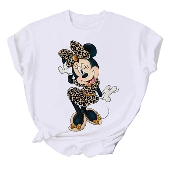 Ženska t-shirt s po cijeloj površini Minnie Mickey Mouse crtani Disney леопардовый luk, 2024, Ljetna кавайная odjeća, majice, ženska t-shirt u stilu hipi, dar