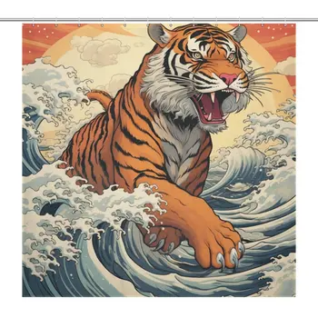 Zavjese Za Tuširanje Tiger Wave za Kupaonicu Great Kanagawa Ocean Style Vodootporne Plava Poliester Tkanina s Kukama 12шт