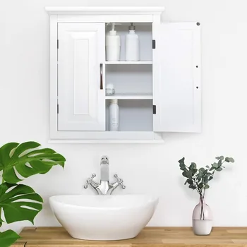 Prijenosni drveni zidni ormari za pohranu stvari u kupaonici, 2 vrata, 2 Podesive police, 3 prostora za pohranu, bijela