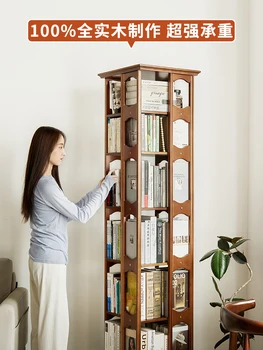 Bookshelf od punog drveta, rotirajući na 360 stupnjeva, okretan pod ormar na kotačima, jednostavan stalak za dom i djecu kod zida