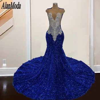 Luksuzni gradacija haljina sirena sa plavim šljokicama i okruglog izreza, srebra kristali, šljokice, večernje haljine za djevojčice, haljine De Soirée